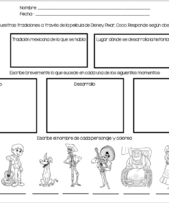 Ficha con secciones para analizar la película “Coco” de Disney Pixar. Incluye recuadros para las tradiciones mexicanas, la ambientación, el desarrollo de la trama (inicio, nudo, desenlace) y espacios para nombrar y colorear los personajes que se muestran a continuación.